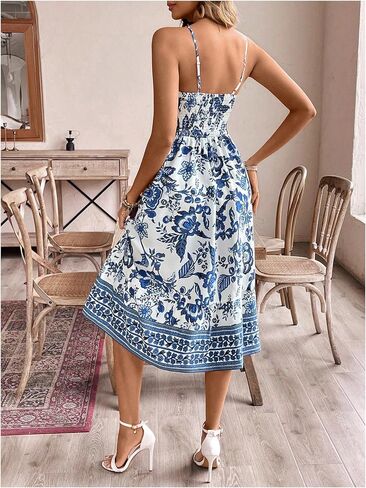 Floerns Women's Boho Floral Spaghetti Strap Dress Shirred Flared A Line Midi Dress in Kuwait