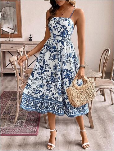 Floerns Women's Boho Floral Spaghetti Strap Dress Shirred Flared A Line Midi Dress in Kuwait