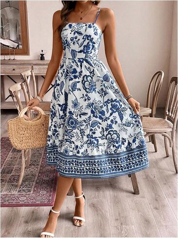 Floerns Women's Boho Floral Spaghetti Strap Dress Shirred Flared A Line Midi Dress in Kuwait