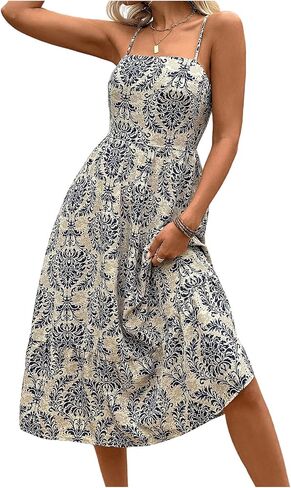 Floerns Women's Boho Floral Spaghetti Strap Dress Shirred Flared A Line Midi Dress in Kuwait