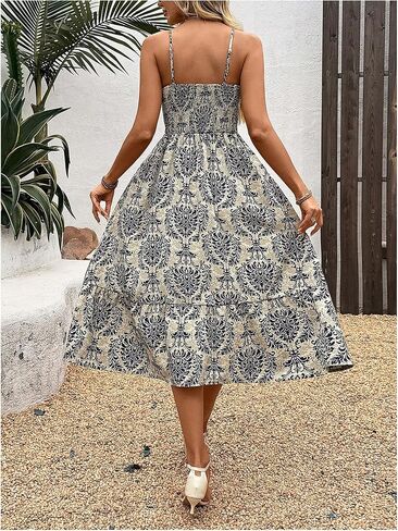 Floerns Women's Boho Floral Spaghetti Strap Dress Shirred Flared A Line Midi Dress in Kuwait