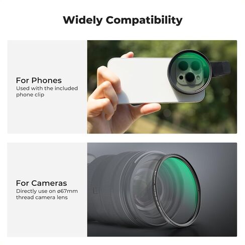 K&F Concept 67mm Clip-on ND2-32 Phone Camera Lens Filter Kit, Multi-Coated Variable Neutral Density Light Reduction Filter Compatible with iPhone 16 15 14 13 12 11 and Other Smart Phone in Saudi Arabia