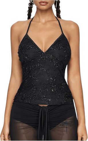SHENHE Women's Sequin Embroidered Halter Crop Top Tie Backless Y2k Party Rave Clubwear in Saudi Arabia