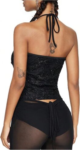 SHENHE Women's Sequin Embroidered Halter Crop Top Tie Backless Y2k Party Rave Clubwear in Saudi Arabia