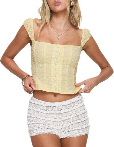 Women Y2k Sleeveless Crop Top Square Neck Ruffle Sleeveless Eyelet Slim Fit Ruched Vest Solid Basic Tees in Kuwait