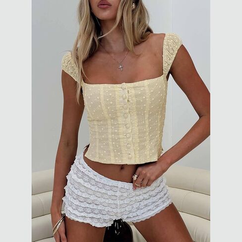 Women Y2k Sleeveless Crop Top Square Neck Ruffle Sleeveless Eyelet Slim Fit Ruched Vest Solid Basic Tees in Kuwait