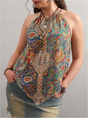 Women's Plus Size Paisley Halter Top Boho Tie Back Asymmetrical Summer Tops in Saudi Arabia