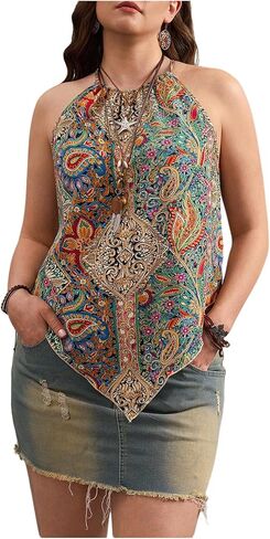 Women's Plus Size Paisley Halter Top Boho Tie Back Asymmetrical Summer Tops in Saudi Arabia