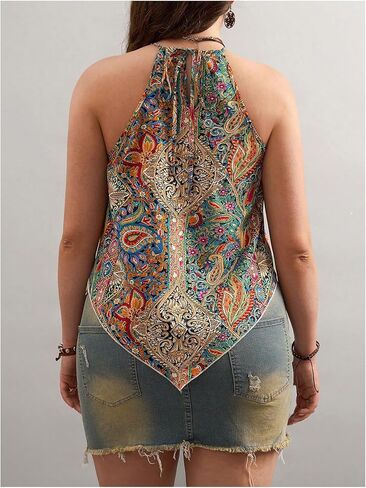 Women's Plus Size Paisley Halter Top Boho Tie Back Asymmetrical Summer Tops in Saudi Arabia