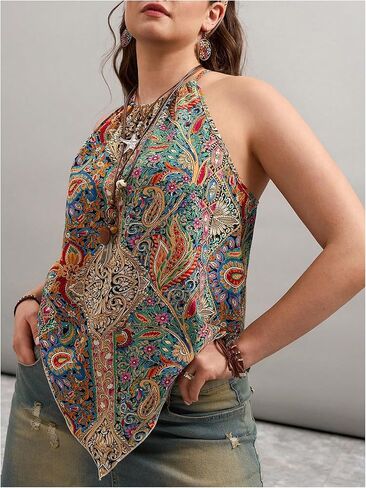 Women's Plus Size Paisley Halter Top Boho Tie Back Asymmetrical Summer Tops in Saudi Arabia