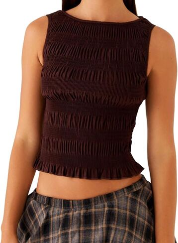 Women Y2K Shirred Tank Top Sleeveless Crewneck Frill Smocked Ruffle Crop Top Ruched Pelpum Going Out Tops in Kuwait