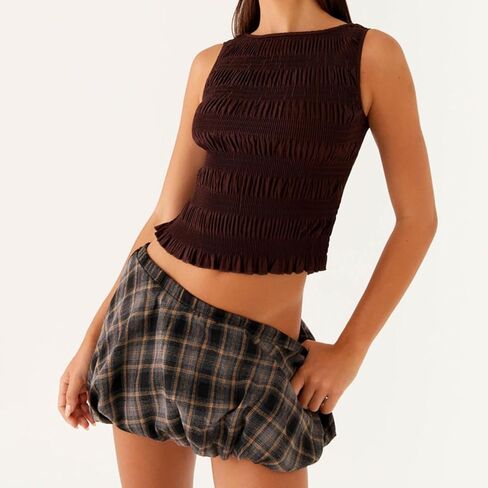Women Y2K Shirred Tank Top Sleeveless Crewneck Frill Smocked Ruffle Crop Top Ruched Pelpum Going Out Tops in Kuwait