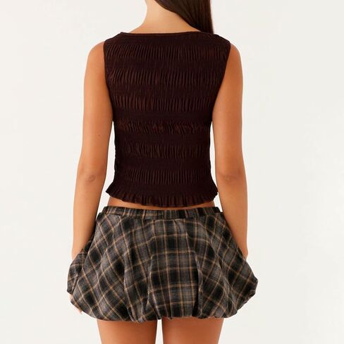 Women Y2K Shirred Tank Top Sleeveless Crewneck Frill Smocked Ruffle Crop Top Ruched Pelpum Going Out Tops in Kuwait