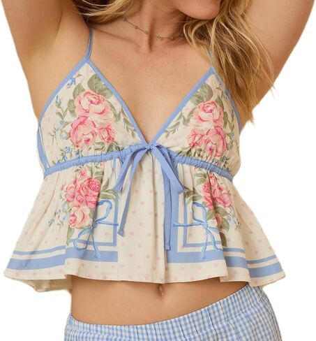 Women Boho Floral Print Cami Top Spaghetti Strap V Neck Babydoll Tank Top Aesthetic Patchwork Flower Ruffle Top in Kuwait