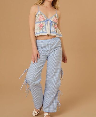 Women Boho Floral Print Cami Top Spaghetti Strap V Neck Babydoll Tank Top Aesthetic Patchwork Flower Ruffle Top in Kuwait