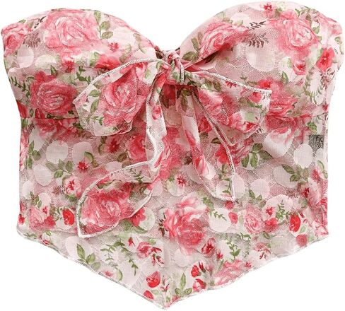 GORGLITTER Women's Floral Bow Strapless Tube Top Mesh Tie Front Bandeau Top Coquette Crop Top Going Out Tops in Saudi Arabia