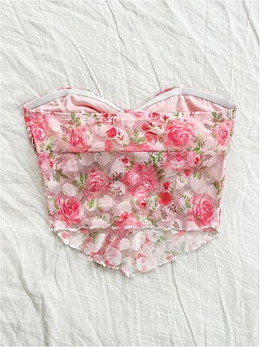 GORGLITTER Women's Floral Bow Strapless Tube Top Mesh Tie Front Bandeau Top Coquette Crop Top Going Out Tops in Saudi Arabia