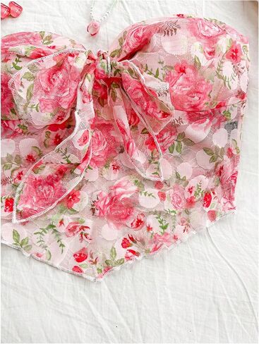 GORGLITTER Women's Floral Bow Strapless Tube Top Mesh Tie Front Bandeau Top Coquette Crop Top Going Out Tops in Saudi Arabia