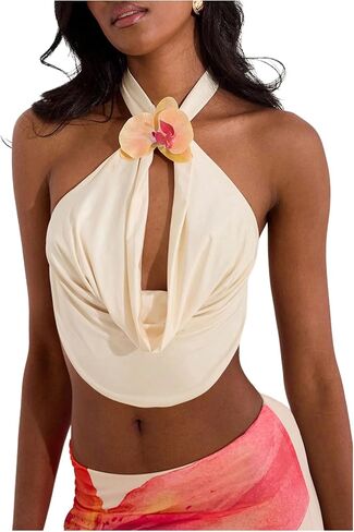Makemechic Women's Watced Drage Halter Top 3D Floral Floralless Summeress Summer Beach Extract Tops Tops Tops Tops in Saudi Arabia