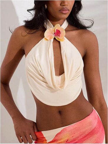 Makemechic Women's Watced Drage Halter Top 3D Floral Floralless Summeress Summer Beach Extract Tops Tops Tops Tops in Saudi Arabia
