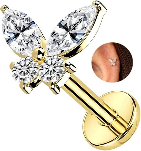 1pcs 14k غضروف الذهب الأبيض حلق للنساء ، 16g مسطحة الظهر المسطحة في ، الفراشة tragus helix labret stud مجوهرات ثقب المجوهرات in Saudi Arabia
