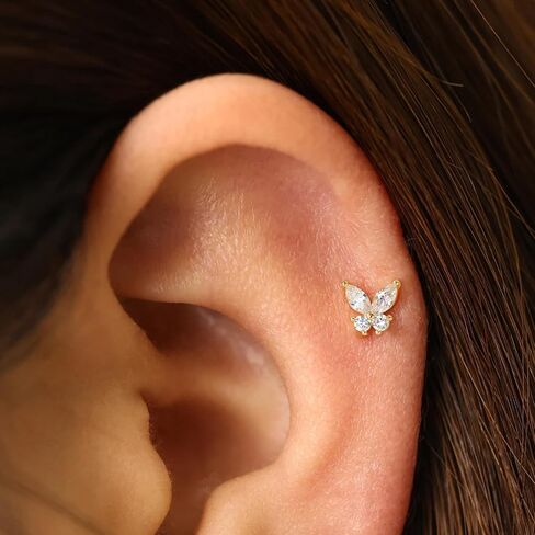 1pcs 14k غضروف الذهب الأبيض حلق للنساء ، 16g مسطحة الظهر المسطحة في ، الفراشة tragus helix labret stud مجوهرات ثقب المجوهرات in Saudi Arabia