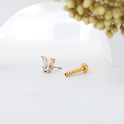1pcs 14k غضروف الذهب الأبيض حلق للنساء ، 16g مسطحة الظهر المسطحة في ، الفراشة tragus helix labret stud مجوهرات ثقب المجوهرات in Saudi Arabia