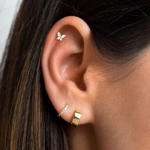 1pcs 14k غضروف الذهب الأبيض حلق للنساء ، 16g مسطحة الظهر المسطحة في ، الفراشة tragus helix labret stud مجوهرات ثقب المجوهرات in Saudi Arabia