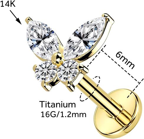 1pcs 14k غضروف الذهب الأبيض حلق للنساء ، 16g مسطحة الظهر المسطحة في ، الفراشة tragus helix labret stud مجوهرات ثقب المجوهرات in Saudi Arabia
