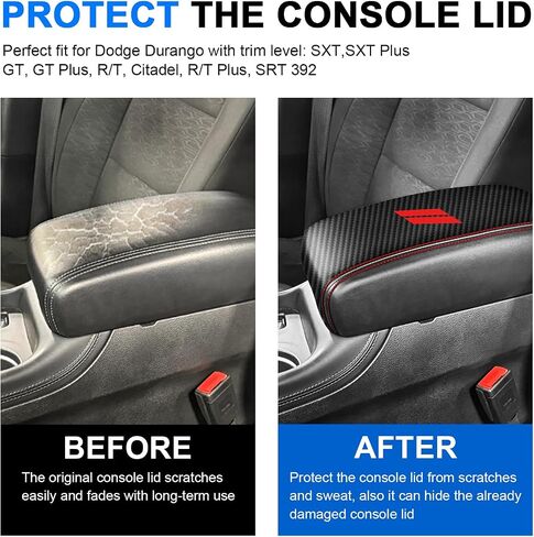 غطاء مسند ذراع وحدة التحكم المركزية للاشتعالات من Dodge Durango 2025 2024 2023-2021 Cover Cover Cover Cover Cover Palction Decoration Interior Decoration (Red Stitches ، Red) in Kuwait