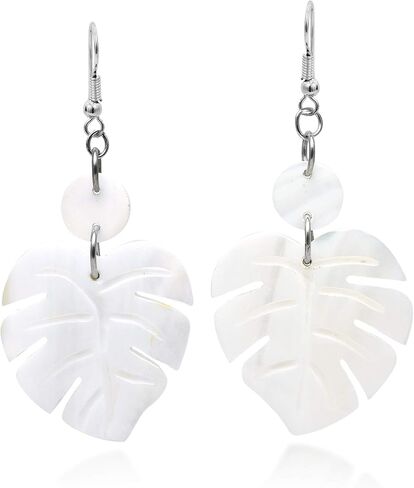 AeraVida Enchanting Nature Summer Leaf White Kabibe Shell Dangle Earrings | Boho Style Sterling Silver Dangle Earring for Women | Jewelry Gift in Saudi Arabia