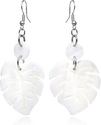 AeraVida Enchanting Nature Summer Leaf White Kabibe Shell Dangle Earrings | Boho Style Sterling Silver Dangle Earring for Women | Jewelry Gift in Saudi Arabia