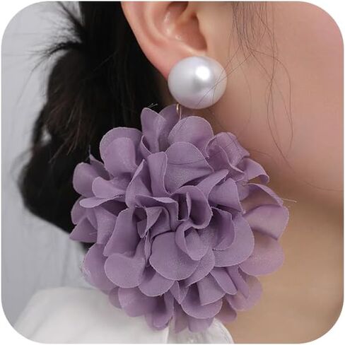 Black Large Fabric Floral Dangling Earrings for Women, Bohemia Grey Purple Flower Dangle Drop Pearl Stud Earring Statement Charm Party Jewelry Gifts in Saudi Arabia