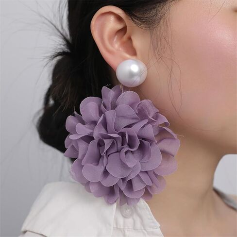 Black Large Fabric Floral Dangling Earrings for Women, Bohemia Grey Purple Flower Dangle Drop Pearl Stud Earring Statement Charm Party Jewelry Gifts in Saudi Arabia