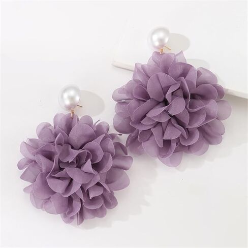 Black Large Fabric Floral Dangling Earrings for Women, Bohemia Grey Purple Flower Dangle Drop Pearl Stud Earring Statement Charm Party Jewelry Gifts in Saudi Arabia