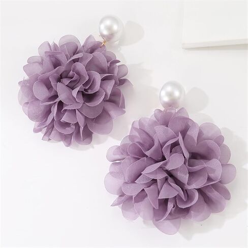 Black Large Fabric Floral Dangling Earrings for Women, Bohemia Grey Purple Flower Dangle Drop Pearl Stud Earring Statement Charm Party Jewelry Gifts in Saudi Arabia