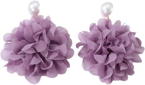 Black Large Fabric Floral Dangling Earrings for Women, Bohemia Grey Purple Flower Dangle Drop Pearl Stud Earring Statement Charm Party Jewelry Gifts in Saudi Arabia