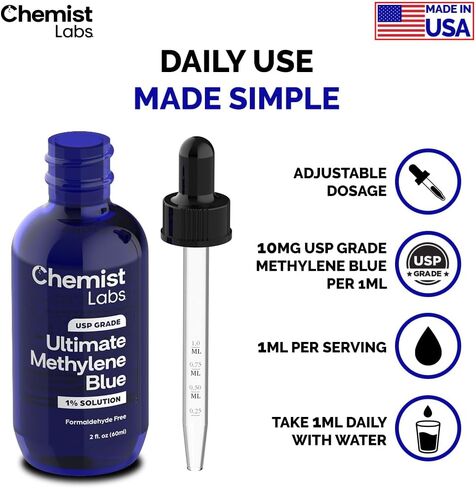 الميثيلين الأزرق | 1 ٪ حلول الصف USP | 2oz قطرات سائلة | الصف الصيدلاني | دعم الخلوية والميتوكوندريا | الفورمالديهايد الحرة | صنع في الولايات المتحدة in Saudi Arabia