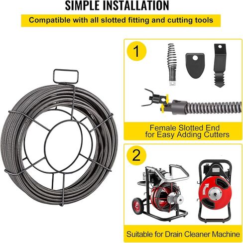 VEVOR 75 ft x 3/8 inch Solid Core Sewer Snake Clog Pipe Drain Cleaning Cable W/Four Shapes of Cutters, Black in Kuwait