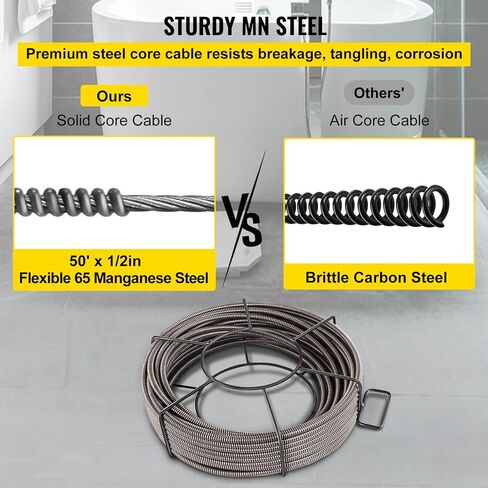 VEVOR 75 ft x 3/8 inch Solid Core Sewer Snake Clog Pipe Drain Cleaning Cable W/Four Shapes of Cutters, Black in Kuwait