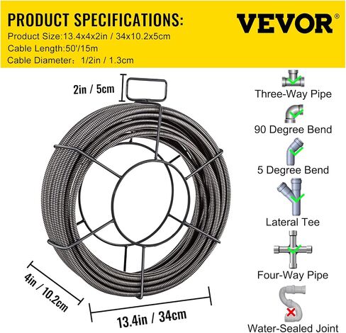VEVOR 75 ft x 3/8 inch Solid Core Sewer Snake Clog Pipe Drain Cleaning Cable W/Four Shapes of Cutters, Black in Kuwait