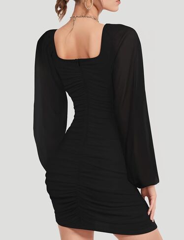 Bauty Women's Mesh Long Sleeve Square Neck Ruched Party Club Cocktail Bodycon Short Tight Mini Dress Sexy Banquet Dress in Saudi Arabia
