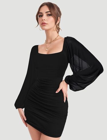 Bauty Women's Mesh Long Sleeve Square Neck Ruched Party Club Cocktail Bodycon Short Tight Mini Dress Sexy Banquet Dress in Saudi Arabia