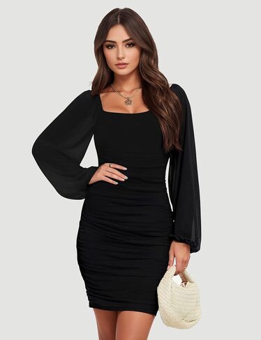 Bauty Women's Mesh Long Sleeve Square Neck Ruched Party Club Cocktail Bodycon Short Tight Mini Dress Sexy Banquet Dress in Saudi Arabia