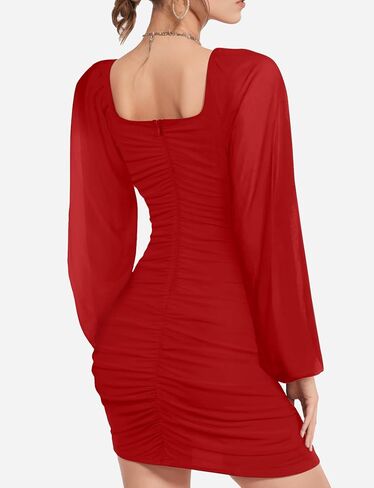 Bauty Women's Mesh Long Squy Square Neck Ruched Party Club Cocktail Bodycon قصيرة ضيقة فستان صغير in Saudi Arabia