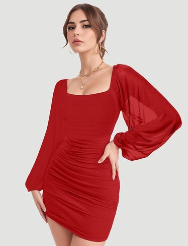 Bauty Women's Mesh Long Squy Square Neck Ruched Party Club Cocktail Bodycon قصيرة ضيقة فستان صغير in Saudi Arabia