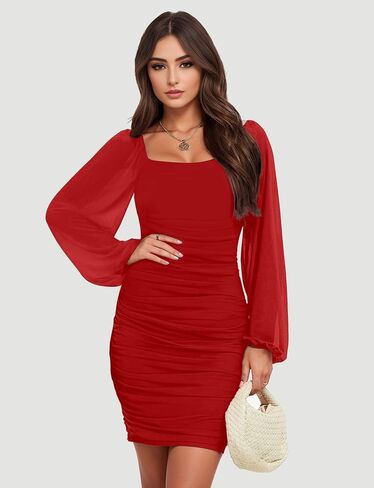 Bauty Women's Mesh Long Squy Square Neck Ruched Party Club Cocktail Bodycon قصيرة ضيقة فستان صغير in Saudi Arabia