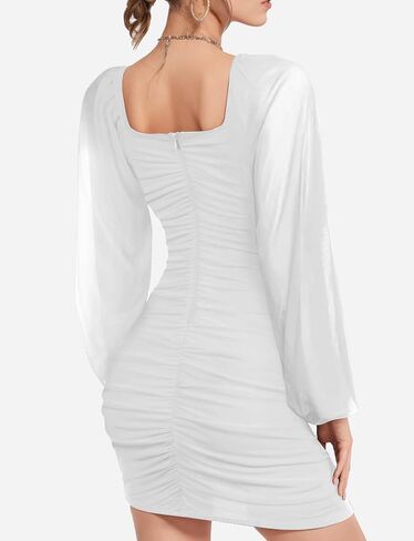 Bauty Women's Mesh Long Sleeve Square Neck Ruched Party Club Cocktail Bodycon Short Tight Mini Dress Sexy Banquet Dress in Saudi Arabia
