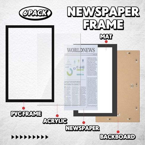 6 PCS 11x22 في إطار الصحف مع حصيرة متنوعة من وسائل الإعلام تغطية الإطار مع معلق الأجهزة 14x24 في ملصق عرض الصحف لزينة الجدار (حصيرة سوداء) in Saudi Arabia