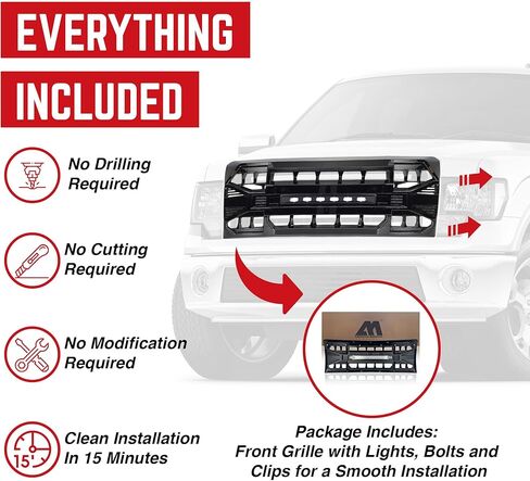 AMERICAN MODIFIED Raptor Style Mesh Grill with Amber LED Lights and Emblem Base Compatible with 2009 to 2014 Ford F150 Models, Matte Black in Kuwait